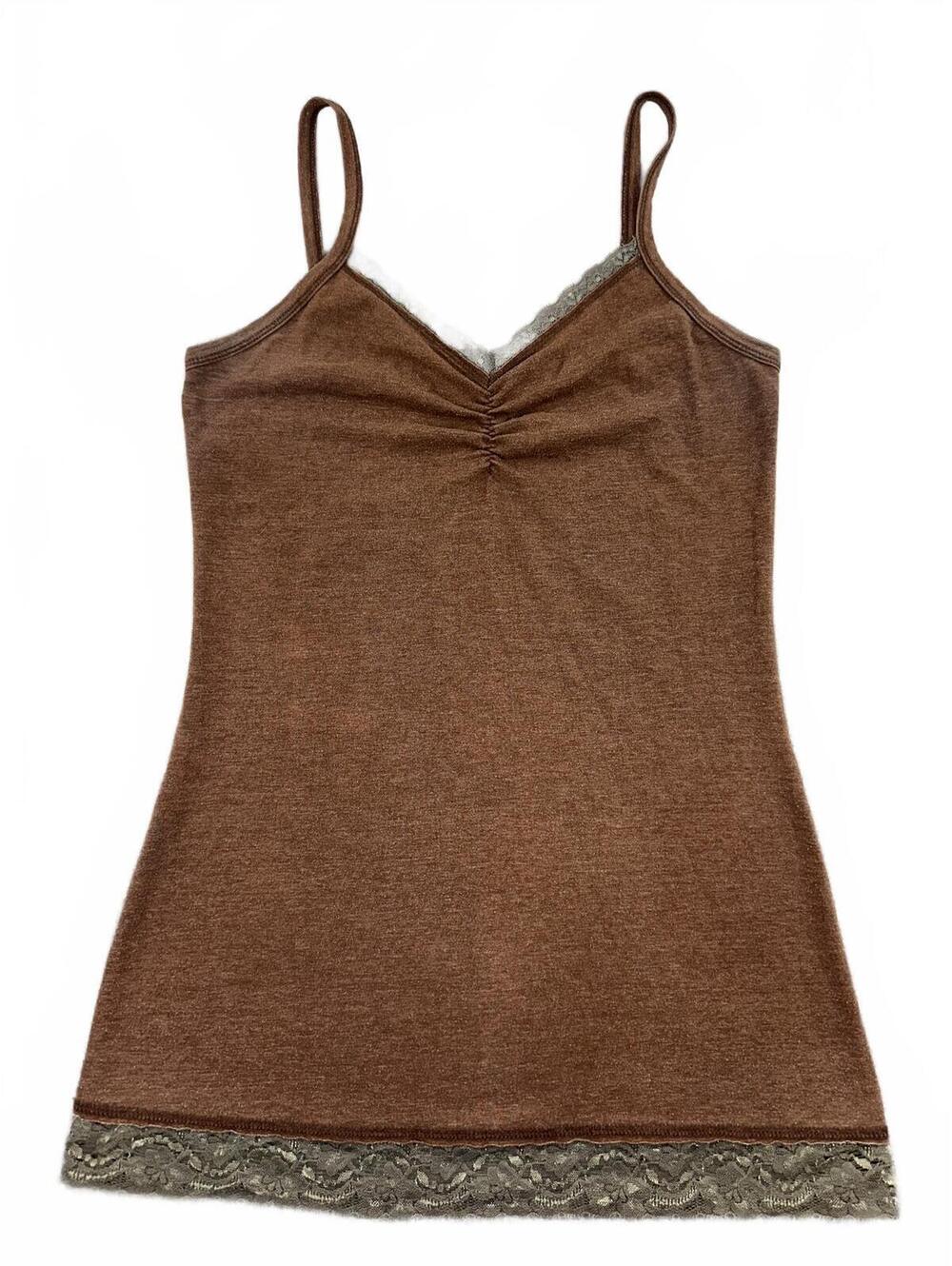 Y2K Fairycore BKE Brown Lace Trim Ruched Cami Tank Top - Picture 2 of 6